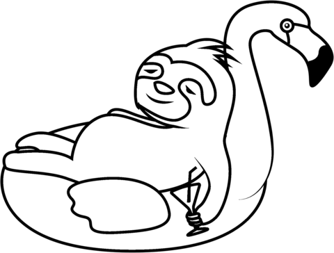 Lazy Sloth Floating On A Flamingo Coloring Page